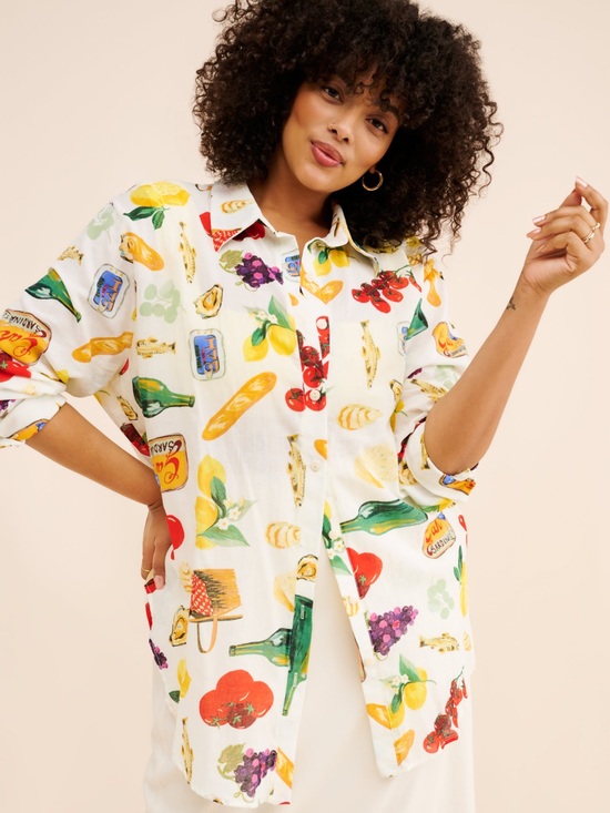 Lisa Says Gah Tops - Lisa Says Gah White Button-Down Shirt with Multicolor Food Print